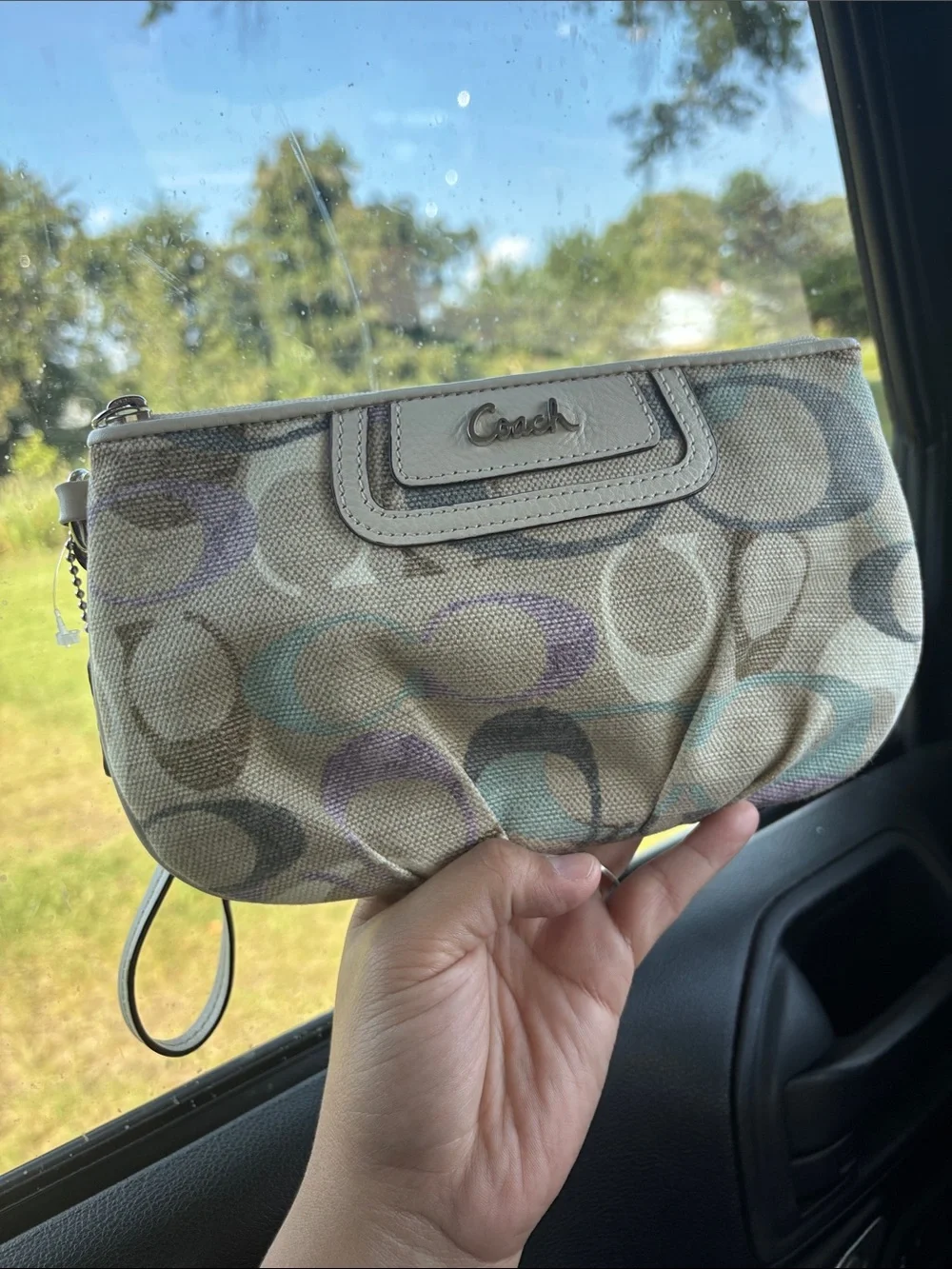Coach Signature Canvas Wristlet with Pastel Purple and Teal Accents